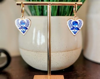 Dainty White Heart and Royal Blue Flower Huggie Earrings, 18k Gold Plated, Tea Pot Porcelain Inspired Gift