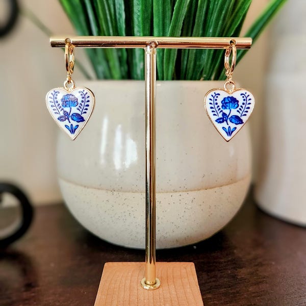 Dainty White Heart and Royal Blue Flower Huggie Earrings, 18k Gold Plated, Tea Pot Porcelain Inspired Gift