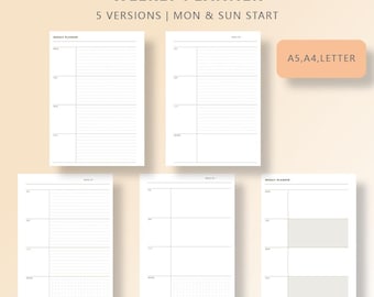 Undated Weekly Planner Printable, Minimalist Productivity Tool (A5, A4, Letter PDF)