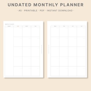 Minimalist Undated Monthly Planner A5 | Sunday Monday Start PDF (Instant Download)