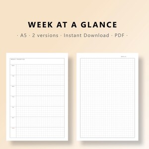 May include: Two A5 digital planner pages titled WEEK AT A GLANCE. The left page features a weekly priorities section and a grid for Monday through Sunday. The right page is a full grid with a space for the week of. Text includes EVERYDAYPLANSLAB.ETSY.COM.