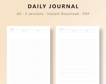 Minimalist A5 Daily Journal Printable | Lined and Grid Planner Inserts with Mood Tracker