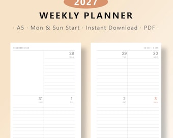 2027  Minimalist Weekly Schedule Planner Printable, Monday and Sunday Start, Bullet Journal Insert, A5 Instant Download PDF