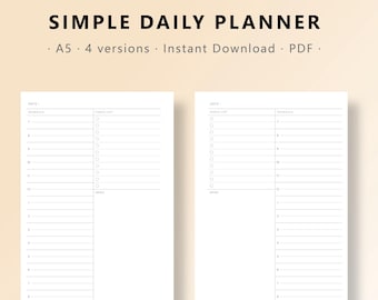 Minimalist Daily Planner A5, 4 Layouts, Productivity To Do List (PDF Download)