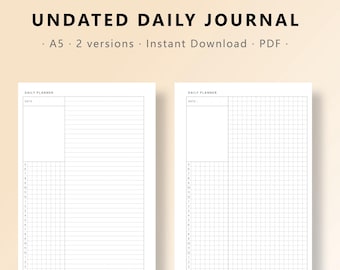 Undated Daily Journal Printable, A5 Daily Planner Inserts with 24 Hour Schedule, Minimalist Lined and Grid Notes, PDF Instant Download