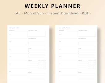 Minimalist Printable Undated  Weekly Planner | Minimalist Productivity Tool | A5 | PDF Digital Download
