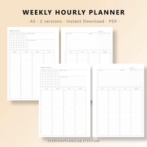 Planificador semanal por horas imprimible / Horario de bloqueo de tiempo / Plantilla de diseño WO2P / PDF de descarga instantánea en formato A5