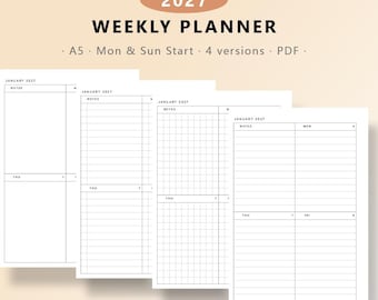 2027 Printable Weekly Planner for Freelancers, Minimalist Weekly Schedule, Productivity Desk Calendar, A5  Inserts, PDF Download
