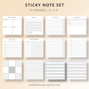 Plantillas imprimibles para notas adhesivas, 12 diseños minimalistas (3 x 3 pulgadas) (Descarga digital)