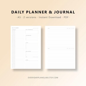 May include: A digital daily planner and journal template in A5 size. The layout features a schedule from 6:00 AM to 9:00 PM, sections for daily affirmations, top priorities, to-do lists, meal and water tracking, and notes. Text includes DAILY PLANNER & JOURNAL.
