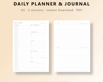 Printable A5  Daily Planner & Journal | Undated Planner Insert | Minimalist Hourly Schedule Tracker | Instant Download PDF
