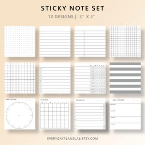 May include: A set of twelve 3" x 3" sticky notes with various designs. Includes dot grid, lined, and grid patterns, along with time tracker, calendar, priorities, and meal tracker templates. The text "STICKY NOTE SET" and "EVERYDAYPLANSLAB.ETSY.COM" are visible.
