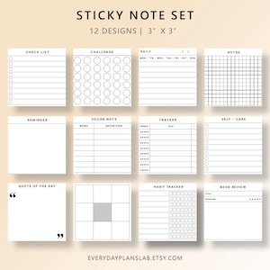 May include: A sticky note set featuring 12 distinct designs, each measuring 3 inches by 3 inches. The white square notes include black printed layouts for checklists, challenges, daily tracking, notes, reminders, vocabulary, self-care, and book reviews.