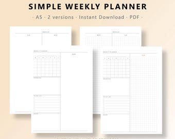 Minimalist A5 Weekly Planner Printable, Blank Grid version,  Minimal Agenda Pages, Instant Download