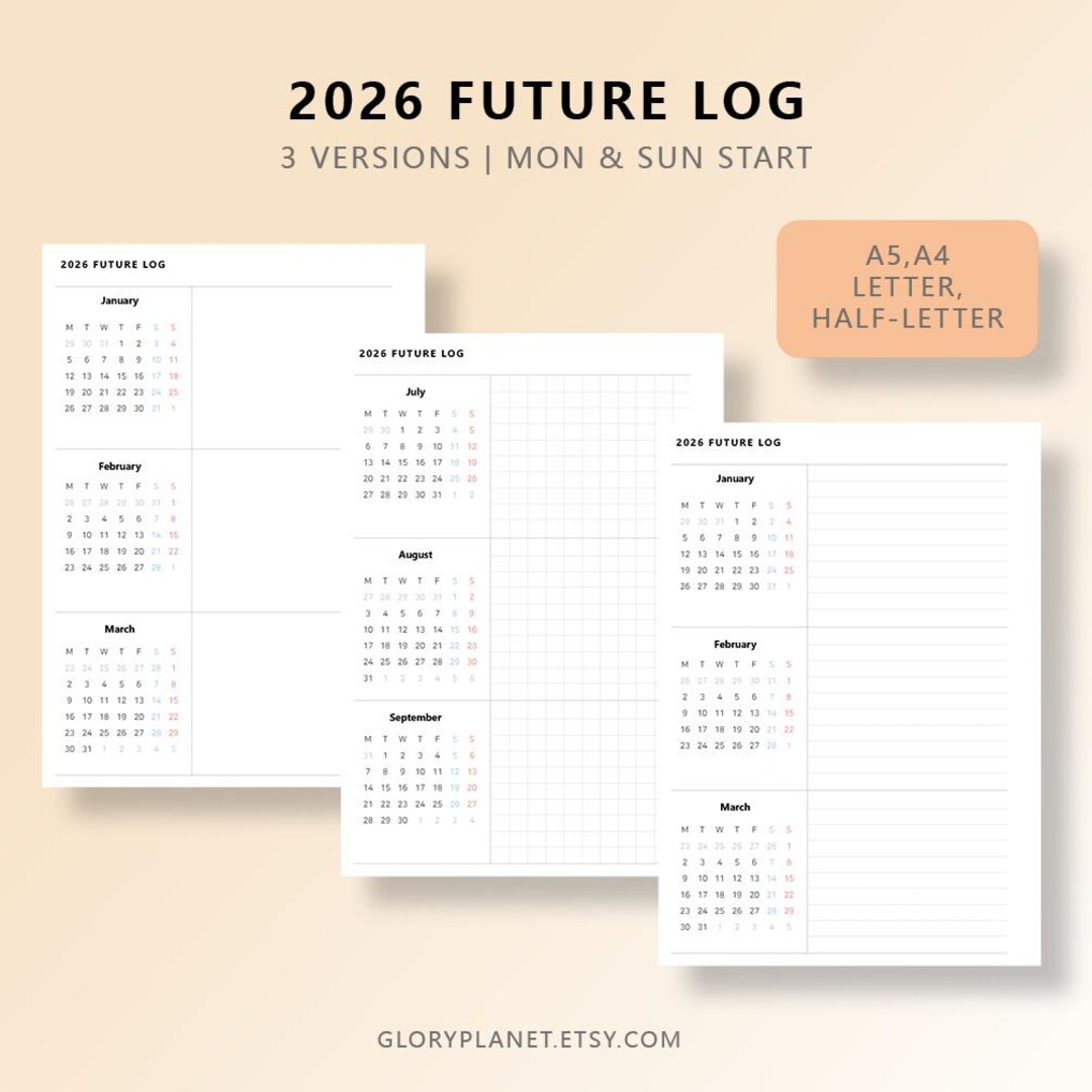 2026 Future Log Planner Inserts: Minimalist Yearly Overview (printable ...