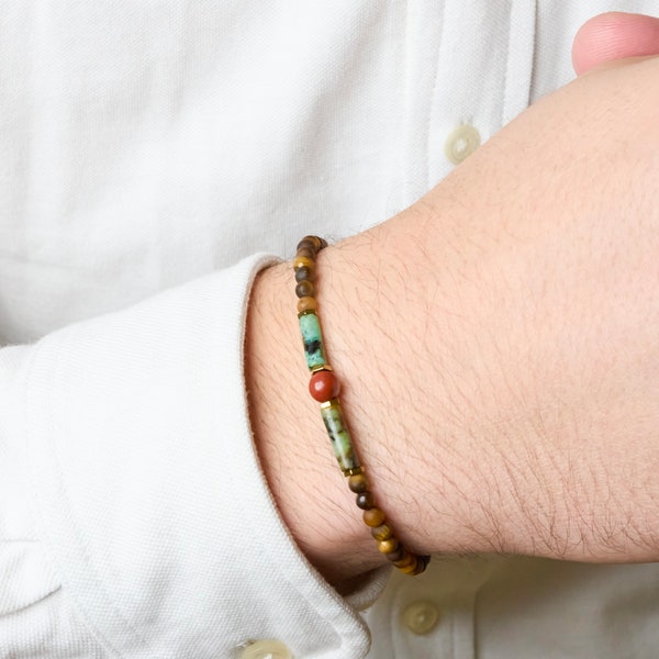 Bracelet ODYSSÉE rouge - Perles pierres naturelles Jaspe Rouge, Œil de tigre matte, Turquoise Africaine et Hématite