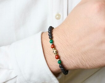 LION bracelet - Lava stone, Dalmatian Jasper, Red Jasper, Malachite in 6mm natural beads, Hematite