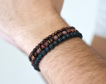Burgundy TAYLOR bracelet - 6mm natural stone beads Brown Jasper, Bull's Eye, Hematite
