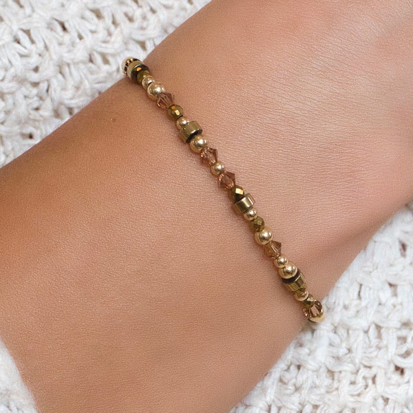 Bracelet LIBERTÉ doré - Perles pierres naturelles Gold-filled, Cristal haut de gamme, Hématite