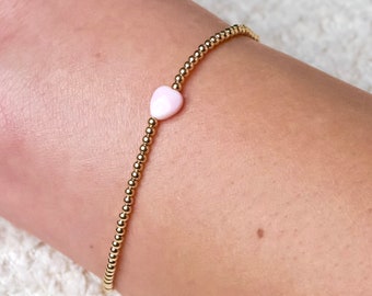 Pink OCEAN bracelet - Gold Filled beads and natural mother-of-pearl stone Lambi pink in the shape of a heart