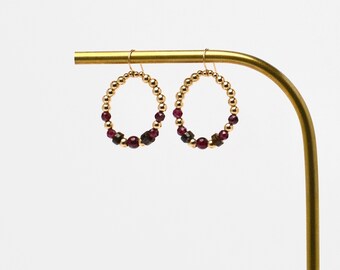 Nyx burgundy earrings - Gold Filled pearls and natural stone of Bronzite and Garnet