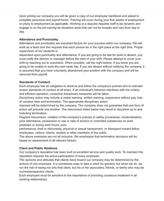 Daycare/ Childcare Employee Handbook Template EDITABLE Etsy