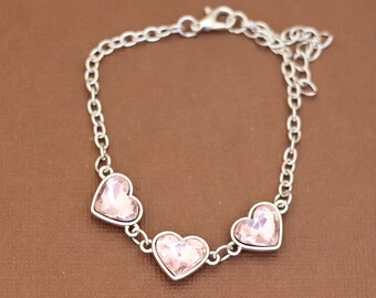 8 inch, Vintage Triple Hearts Pink Gem Bracelet - U26