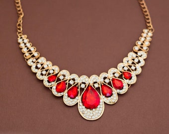 Vintage Red Teardrops Victorian Bib Necklace 20 inch - U11