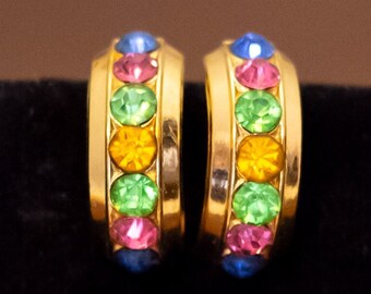 Vintage Colorful Rhinestones Gold Tone Elegant Screwback Earrings by Coro - U27