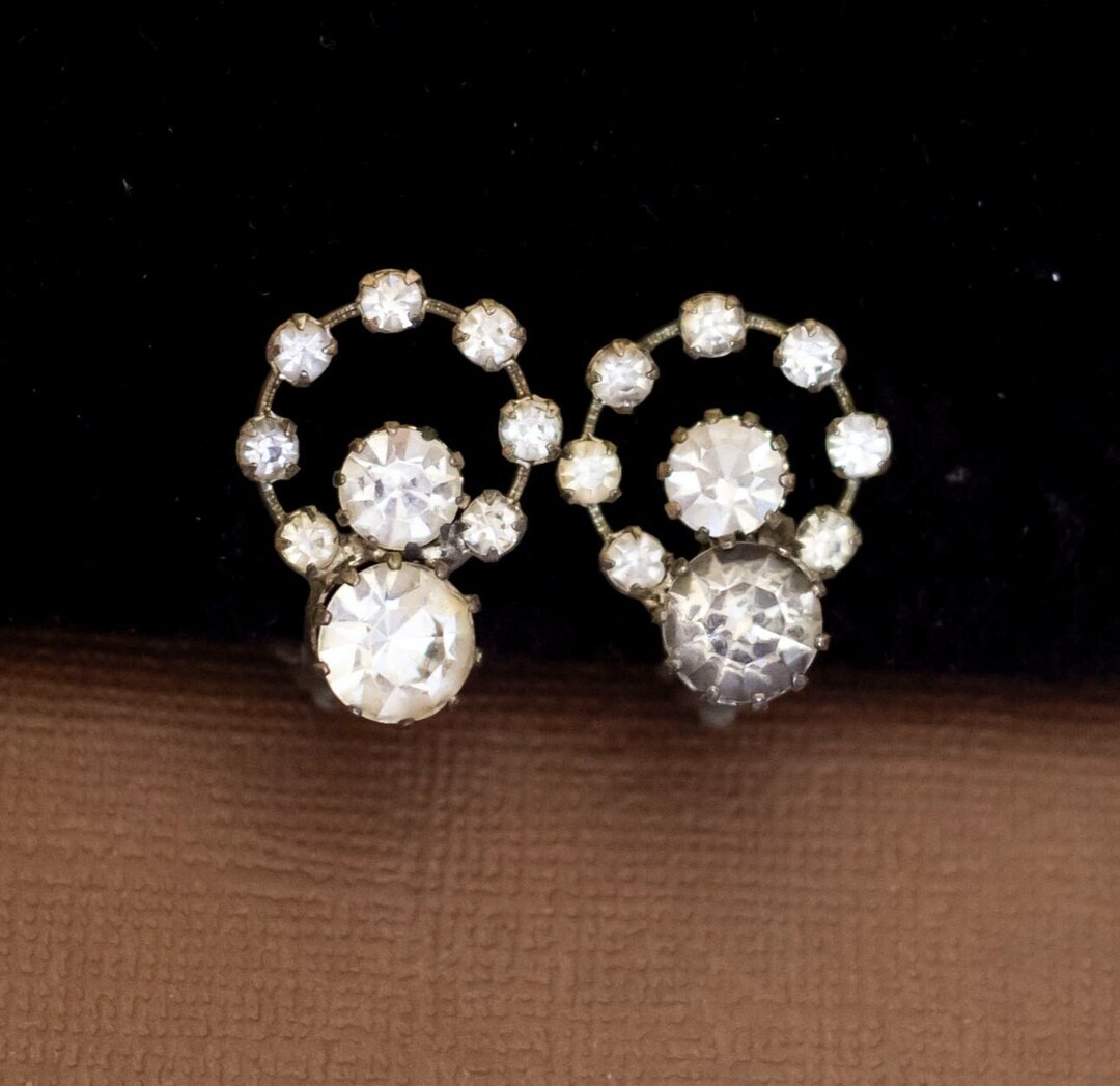 Vintage Colorless Circular Ring Rhinestones Elegant Clip on Earrings ...