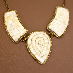 Vintage Stone & Brass Goddess Teardrop Unique Geometric Bib Necklace - U23
