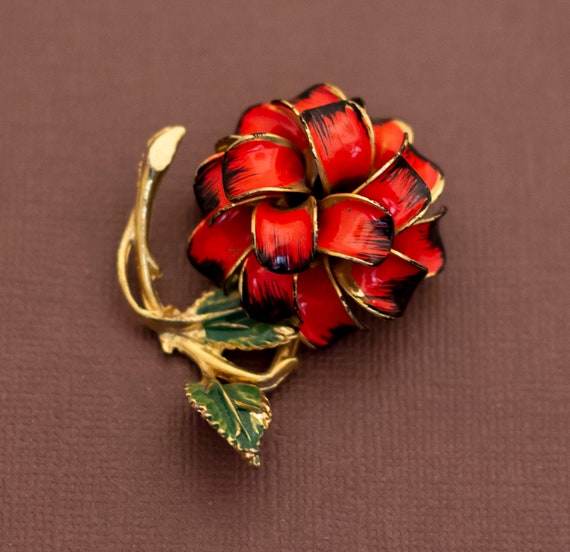 Red Ribbon Broche Vintage Red Rose Ribbons Art Nouveau Brooch - U16 - Gem