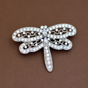 Vintage Intricate Dragonfly Clear Rhinestones Silver Tone Brooch - U31