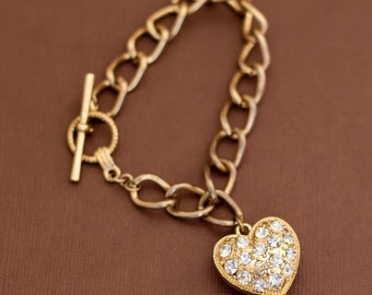 Vintage Valentine Heart Rhinestone Gold Tone Bracelet 7 1/4 inch - U12