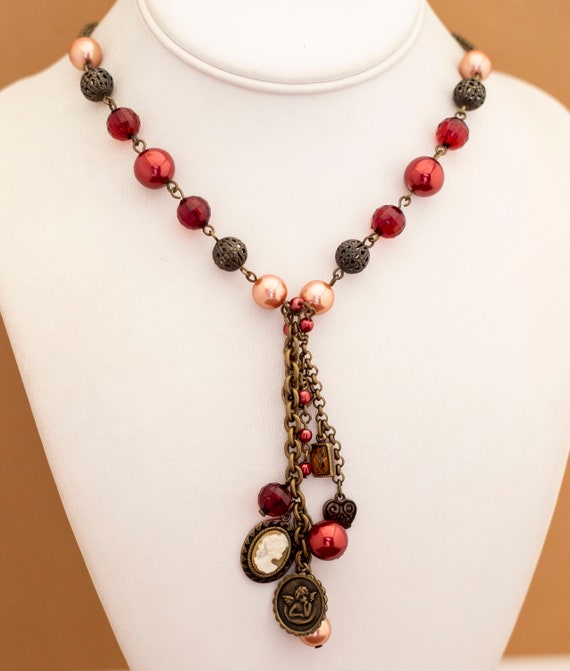 Vintage Red & Black Sphere Beads Angelic Tassel N… - image 2