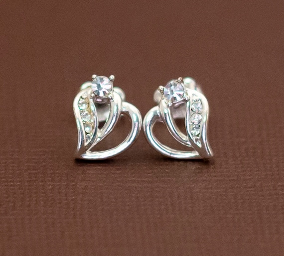 Vintage Art Nouveau Rhinestone Heart Stud Earring… - image 1