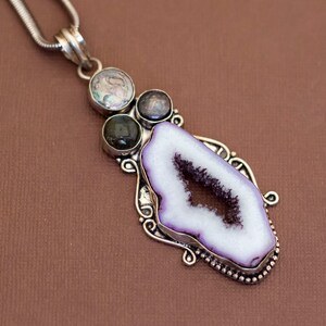 Vintage Crystal Purple Aurora Art Nouveau Sterling Silver Intricate Necklace 18 inch - U15