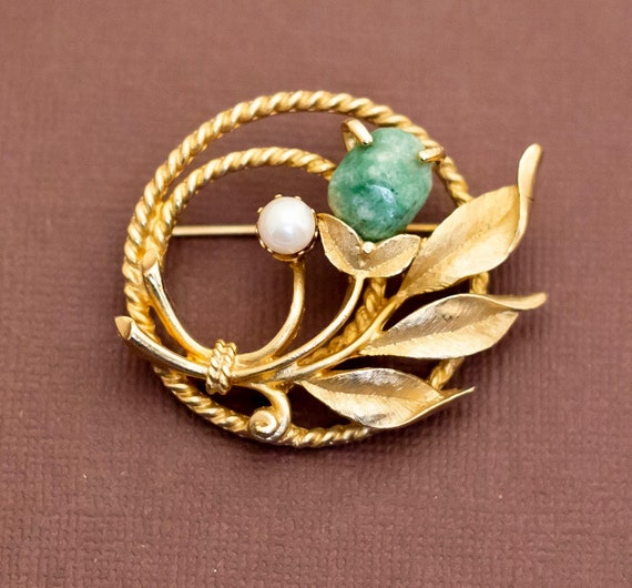 Vintage Art Nouveau Elven Green Flower Brooch by … - image 1