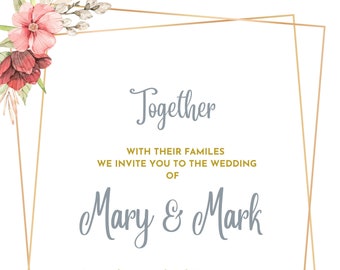 Elegant Pink & Gold Floral Wedding Invitation Template, Editable, Printable, Instant Digital Download