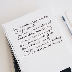 May include: A notebook page with handwritten text that reads: "This handwriting practice set is for you if: - You want to have neater and more readable handwriting - You want to practice a script that is practical for daily use - You want to write quickly - And you want your handwriting to look like what you are reading."