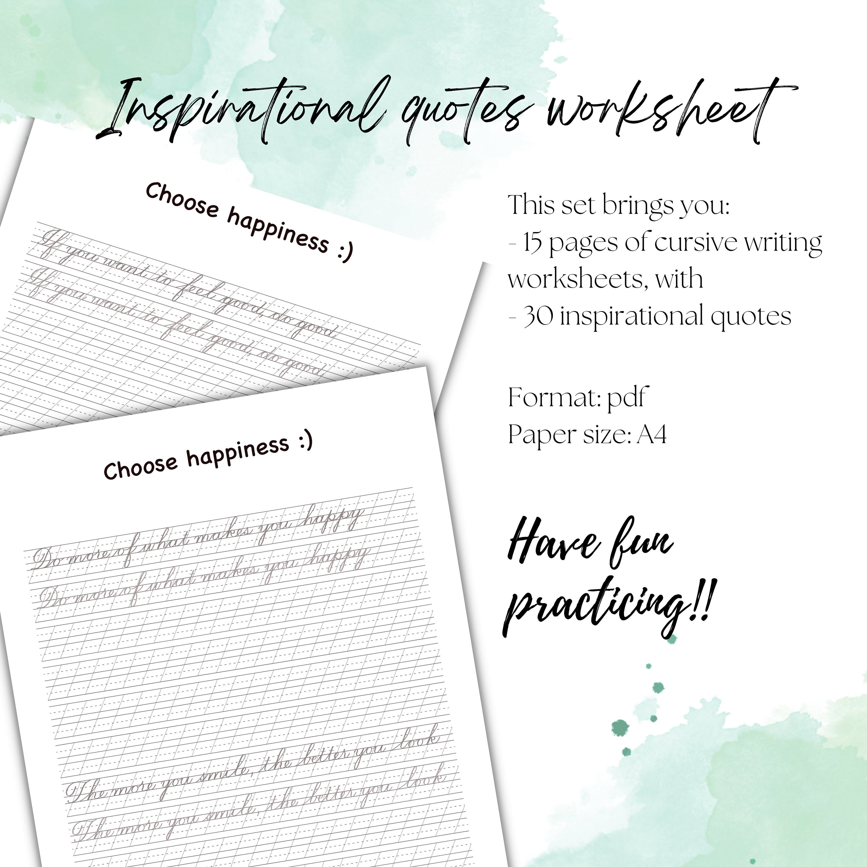 Printable Cursive Writing Worksheet With Inspirational Quotes - Etsy ...