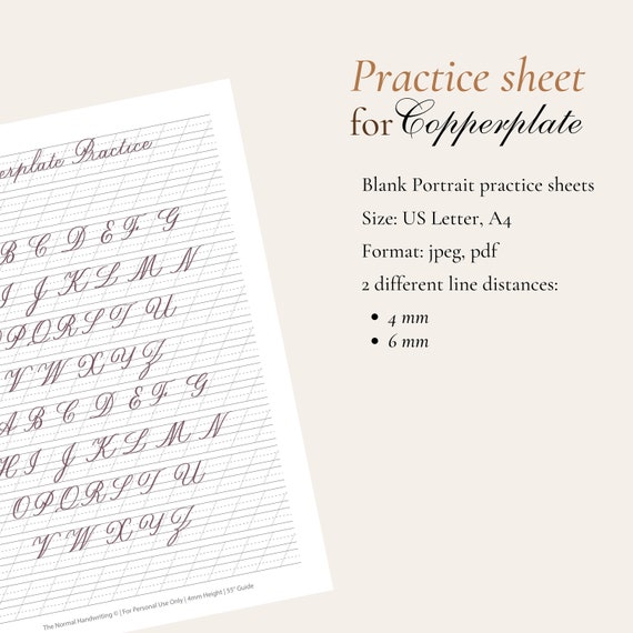 Foglio di pratica di scrittura a mano vuoto stampabile per piastra di rame  / Guida alla scrittura a mano / Foglio di calligrafia / PDF / JPEG /  Lettera USA / A4 -  Italia