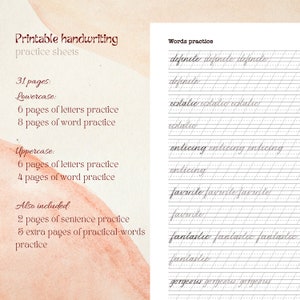 May include: Printable handwriting practice sheets with 31 pages, including 6 pages of lowercase letter practice, 8 pages of lowercase word practice, 6 pages of uppercase letter practice, 4 pages of uppercase word practice, 2 pages of sentence practice, and 5 extra pages of practical words practice. The image shows a sample page with lines for practicing writing the words "definite", "ecstatic", "enticing", "favorite", "fantastic", and "gorgeous".