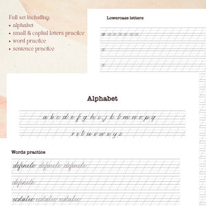 May include: Printable cursive handwriting practice worksheet with lines for lowercase letters, alphabet, and words like "definite" and "ecstatic".
