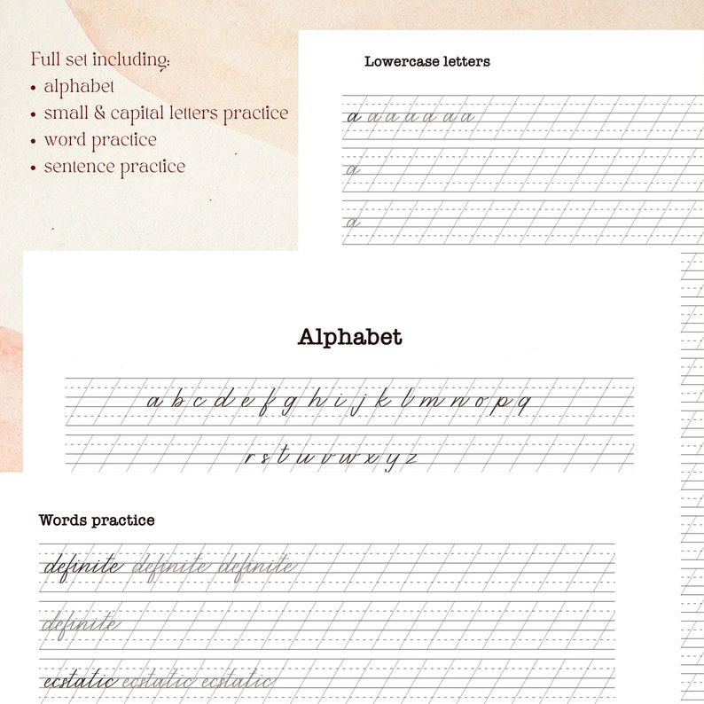 May include: Printable cursive handwriting practice worksheet with lines for lowercase letters, alphabet, and words like "definite" and "ecstatic".