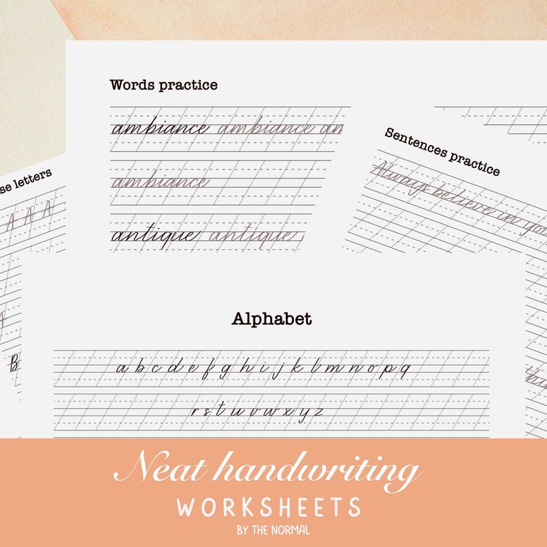May include: Black and white printable handwriting worksheet with the words "Words practice", "Sentences practice", and "Alphabet" at the top. The worksheet includes lines for practicing cursive handwriting with the words "ambiance", "antique", and the alphabet.