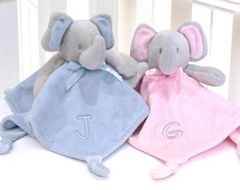 Personalised Baby Comforter Elephant Cuddle Toy Taggy Blankie: Babies Initial Embroidered Pink or Blue