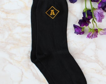 Monogrammed Black Socks Embroidered Personal Initial - Pair of Socks Gift for Men or Women
