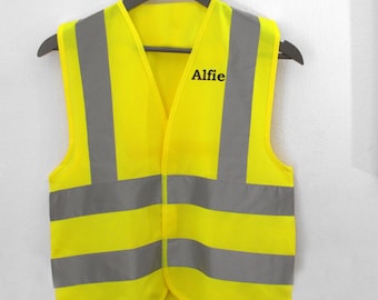 Gepersonaliseerde Hi Vis-vest voor kinderen – Felgeel veiligheidsvest met gedrukte naam, club of hobby