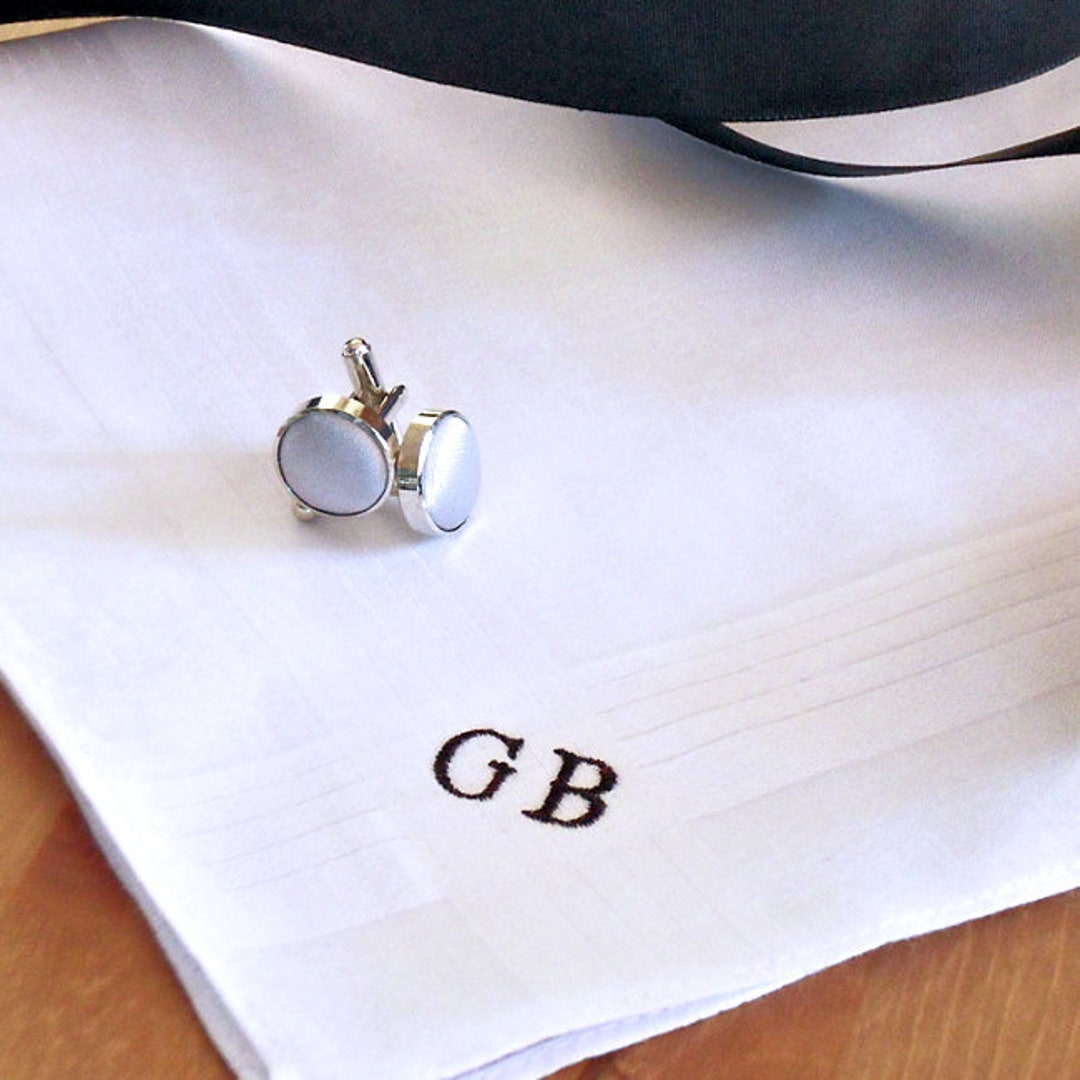 Personalised Mens Handkerchief Single White Cotton Embroidered Name or